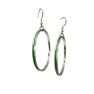 Vintage Silver Tone Green Enamel Hoop Earrings 2 Inch Large Circles